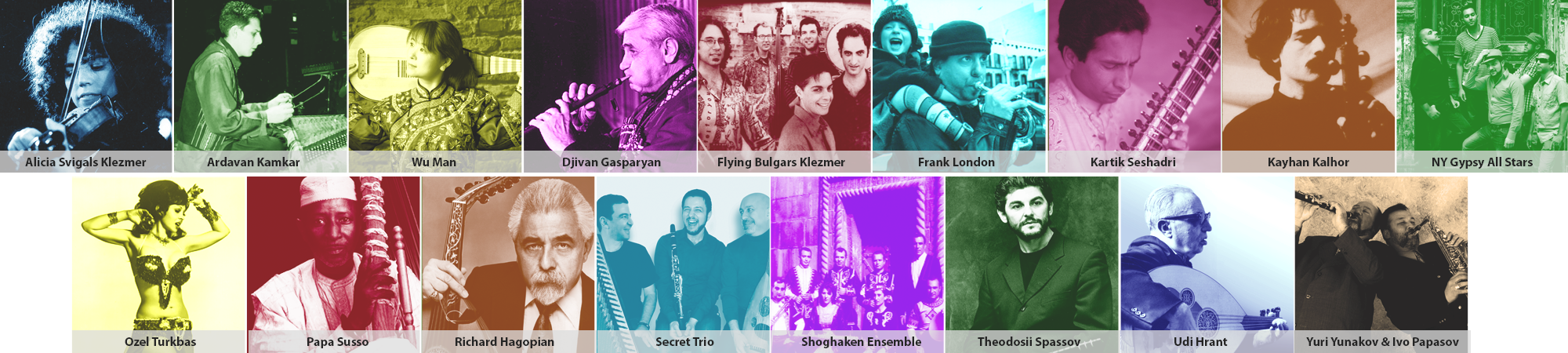 A collage of musicians and ensembles with colorful filters.